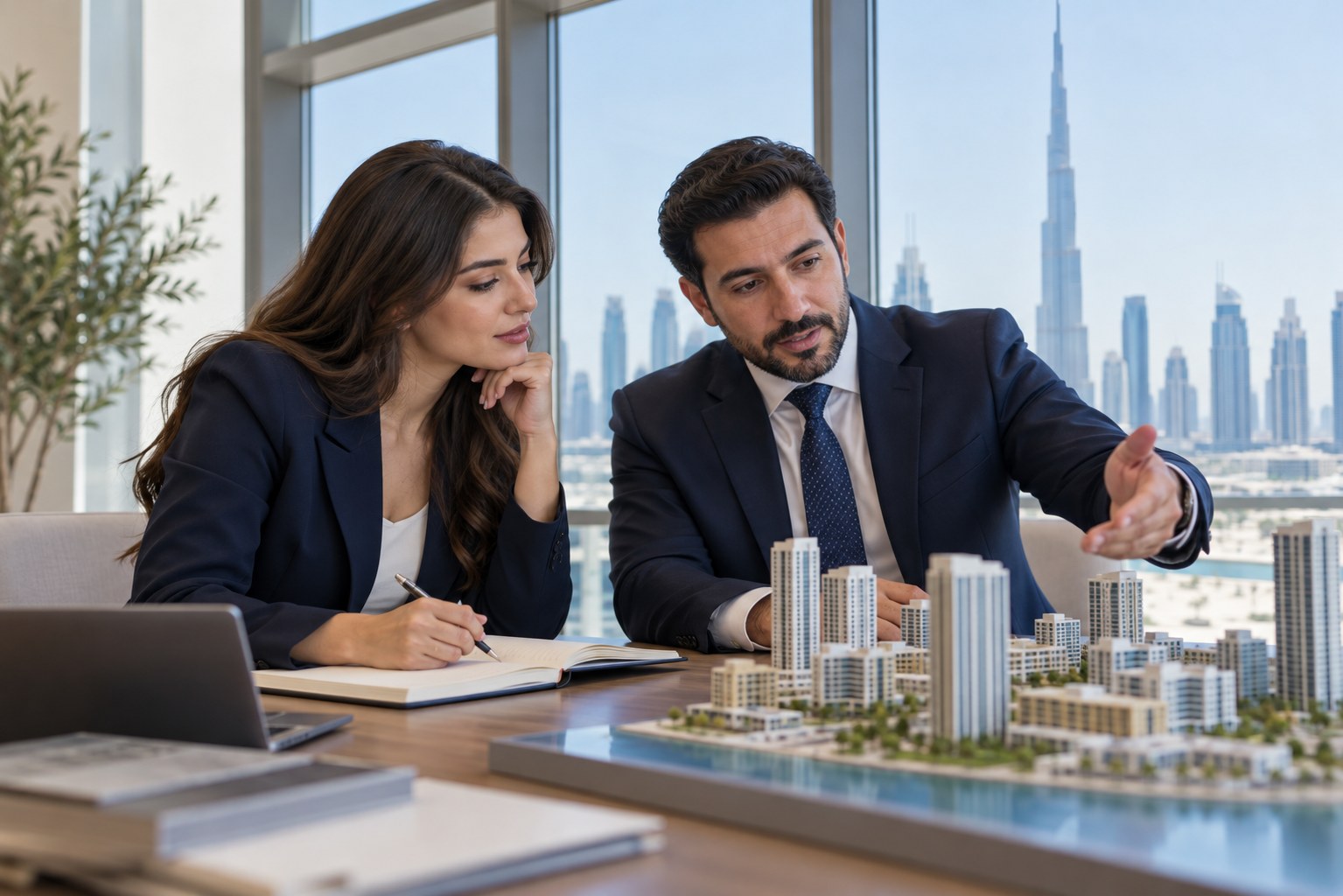 Illustrative image of a prospective broker learning beside a building model in a Dubai office